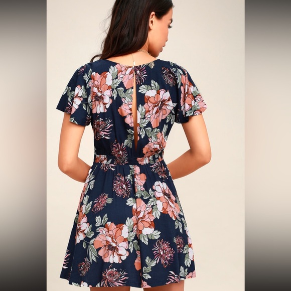 Lulus Navy Blue Floral Print Tie-Front Skater Dress - Picture 4 of 14
